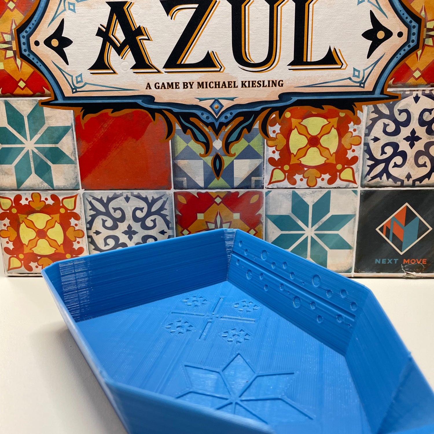Azul Custom Tile Tray With Azul Board Game Box In Background, Closer To Show Detail 